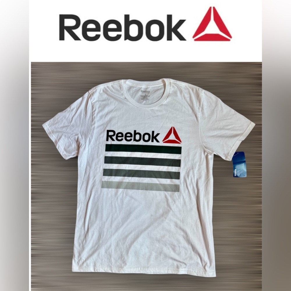 🆕 Reebok Men's White and Gray Striped Tee. 100% Cotton  Great Fit. Size L
